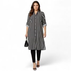 Alfani Black & White Striped Button Down Collar 3/4 Sleeve Tunic Top Size 1X